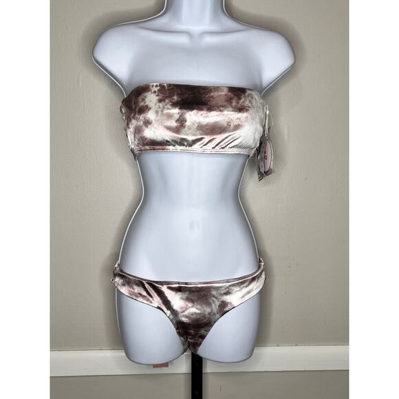 PQ Swim Velour Bandeau Tube Ruched Tie Back Two Piece Bikini Swimsuit Set M NWT - Picture 3 of 9